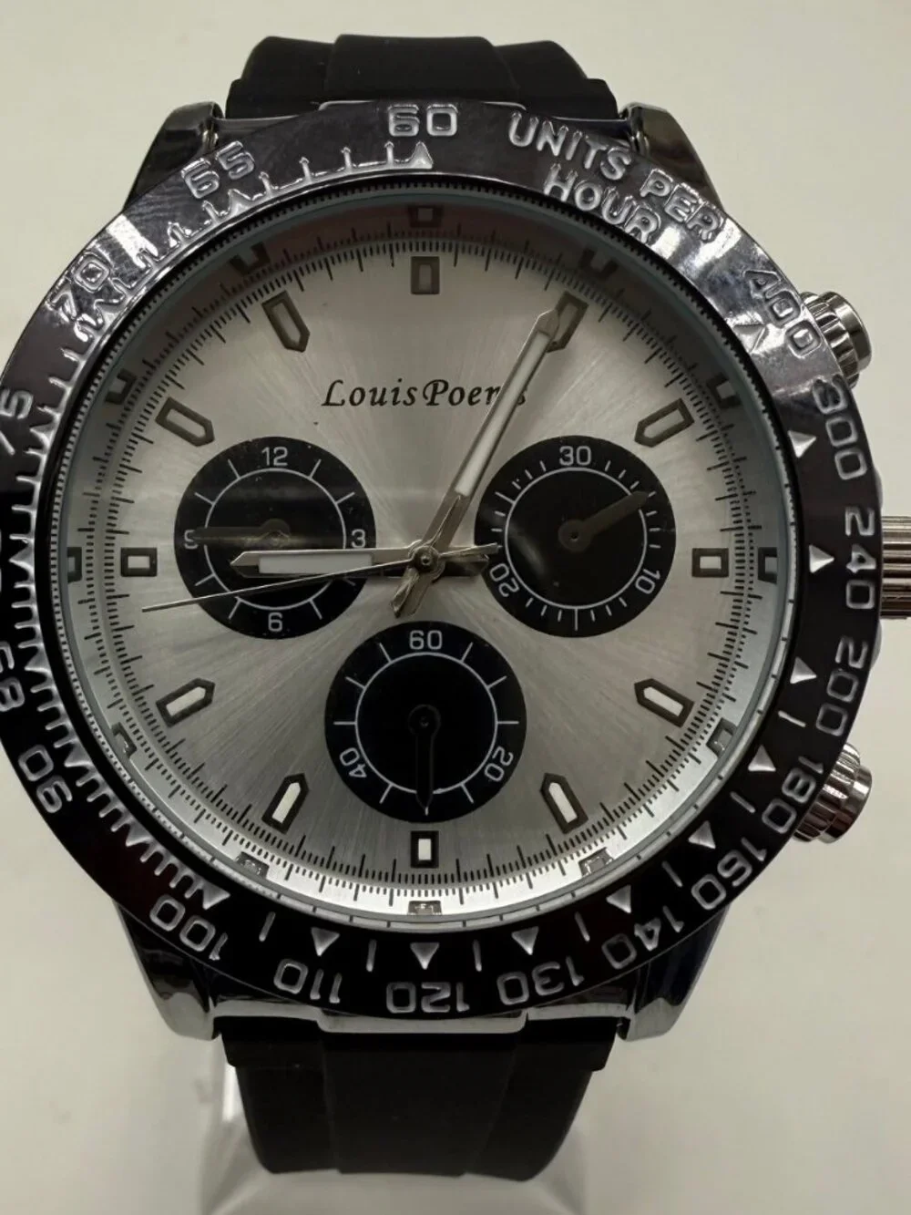 LOUIS POEMS MENS BLACK SILVER 42MM RUBBER BAND WATCH NEW